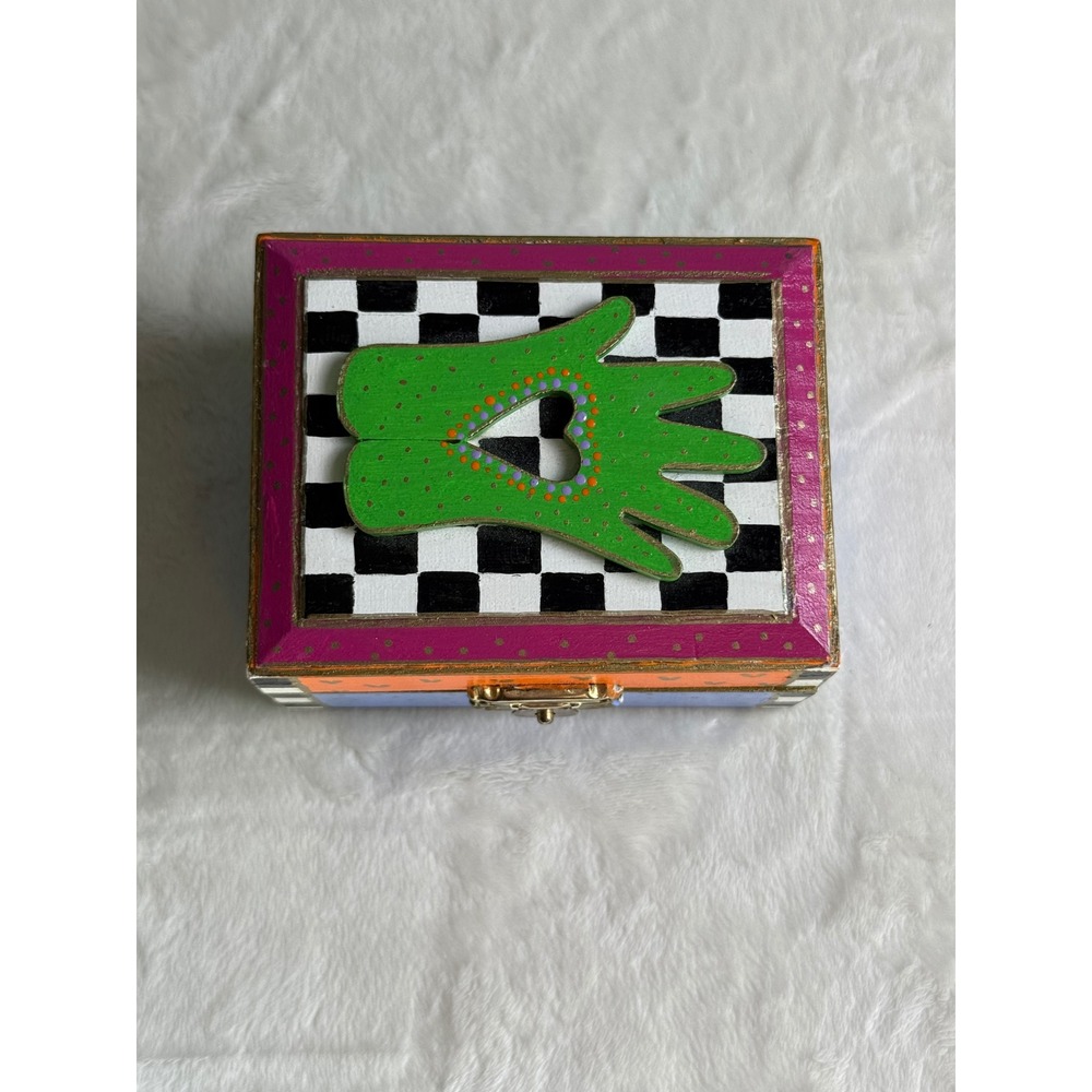 Hand Painted Folk Art Wooden‎ Trinket Box Y2K Checkered Heart Hand Jewelry Box